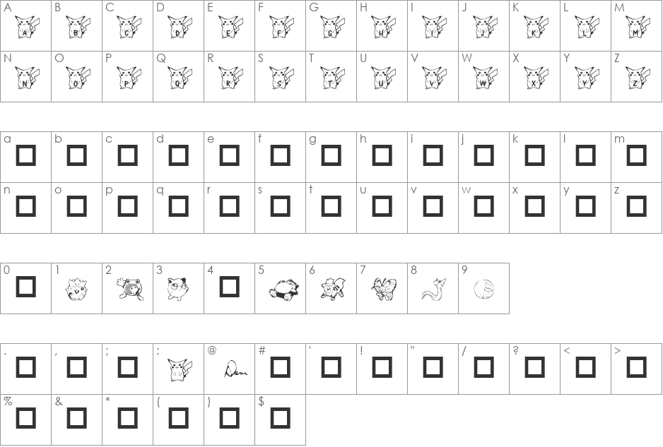 Dani's Pikachu font character map preview
