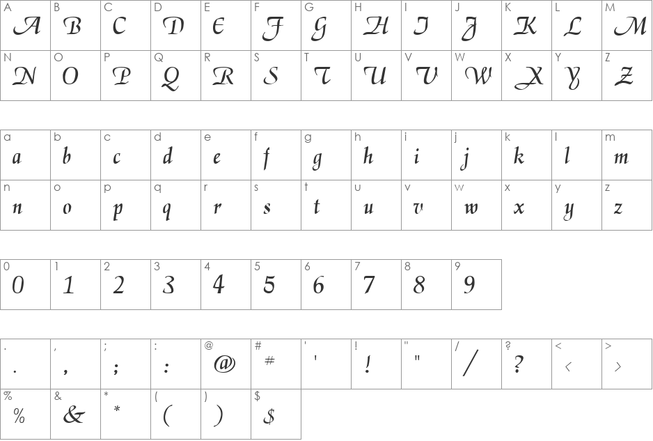 Daniela font character map preview
