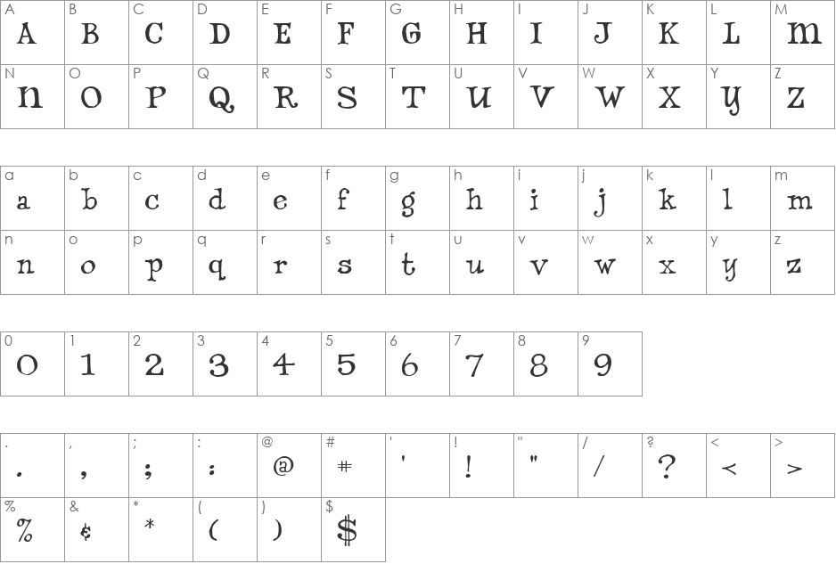 Dannette font character map preview