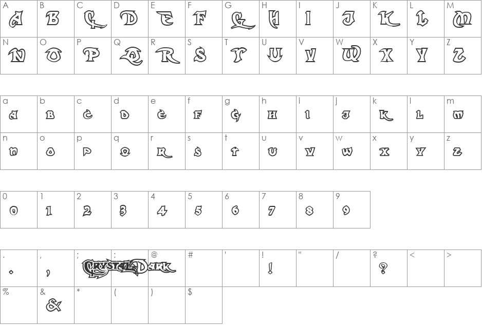 Dark Crystal Outline font character map preview