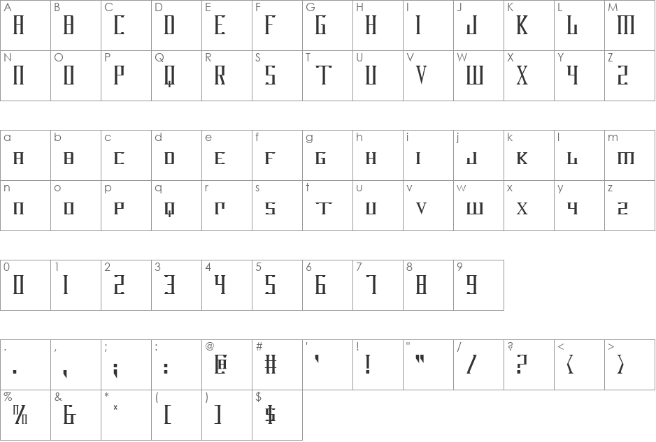 DarkWind Condensed font character map preview
