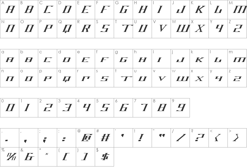 DarkWind Expanded Italic font character map preview