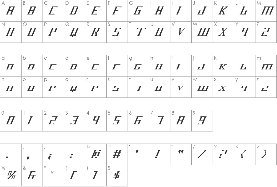 DarkWind Italic font character map preview
