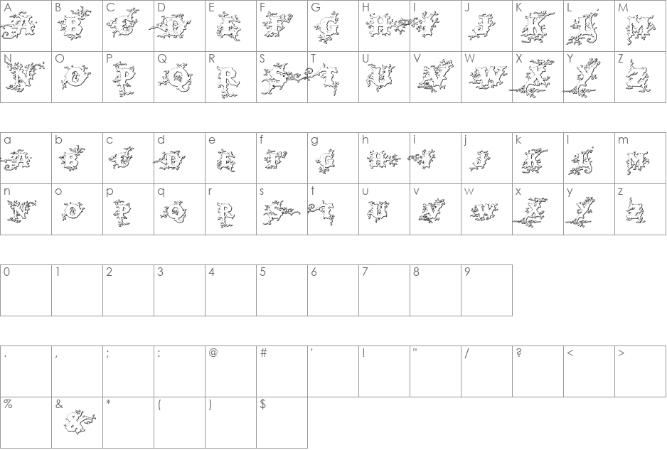 DarkWoodBeveled font character map preview