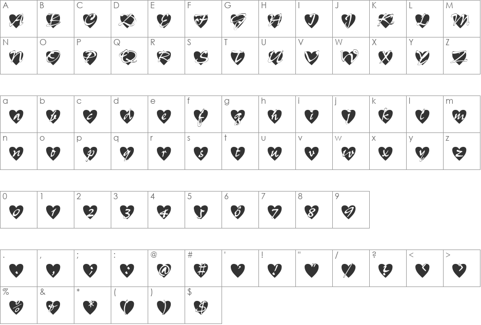 All Hearts font character map preview