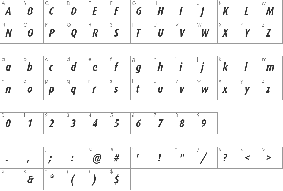 DaxCondensed-BoldItalic font character map preview