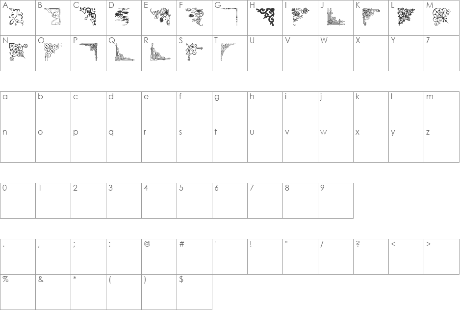 DBL Corners font character map preview