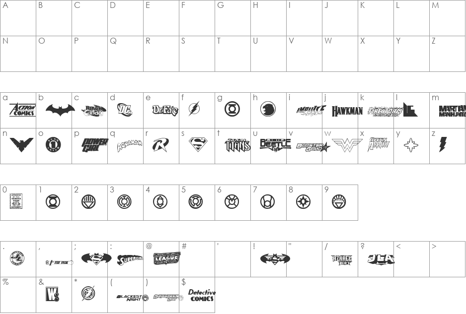 DC Comics font character map preview