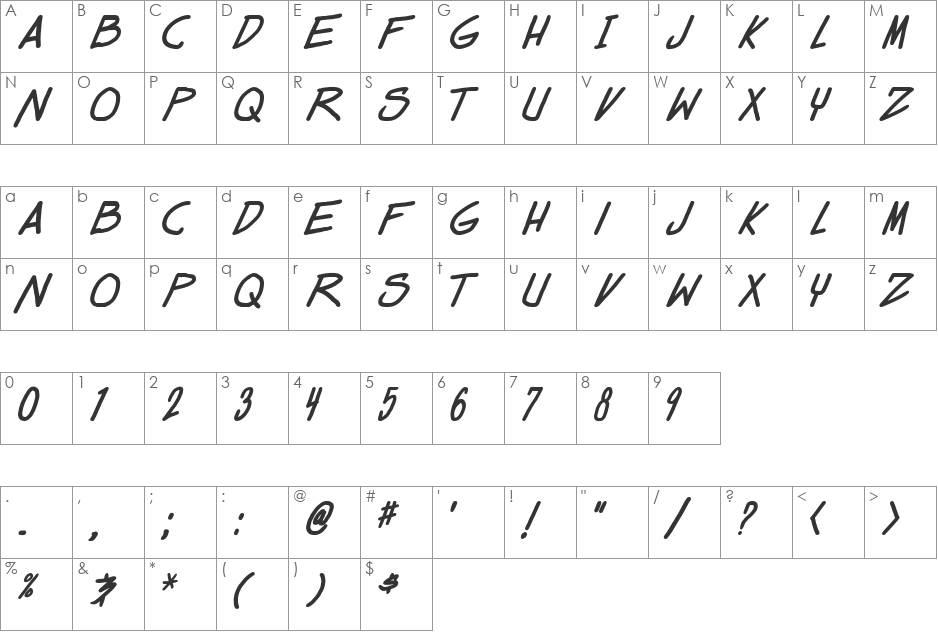 Dealspinner TBS font character map preview