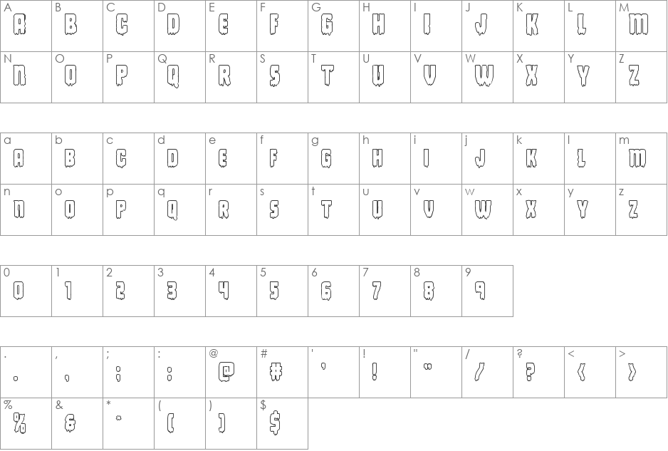 Deathblood Bold Outline font character map preview