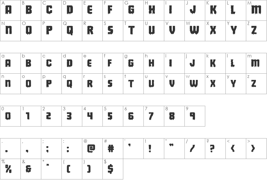 Deathblood Expanded font character map preview