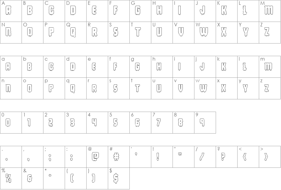 Deathblood Outline font character map preview