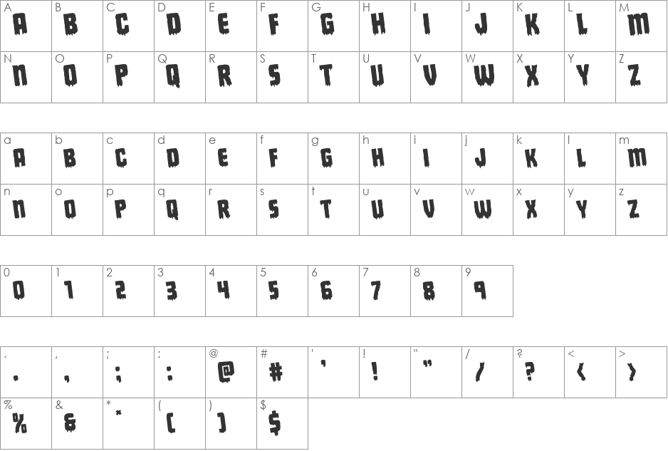 Deathblood Rotated font character map preview