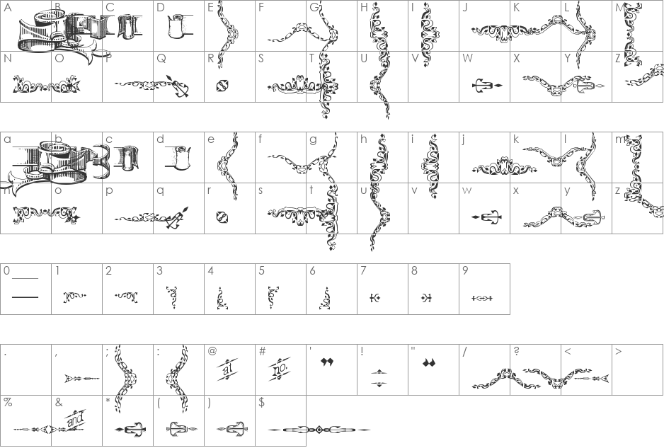 Deborah Extras/Ornaments font character map preview