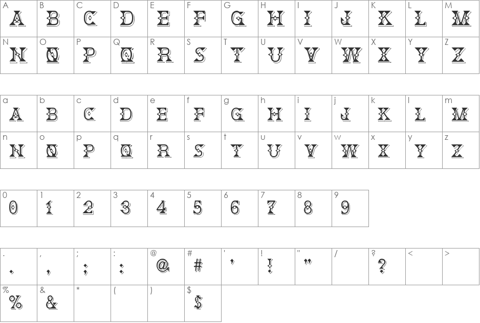 Deborah Fancy Dress font character map preview