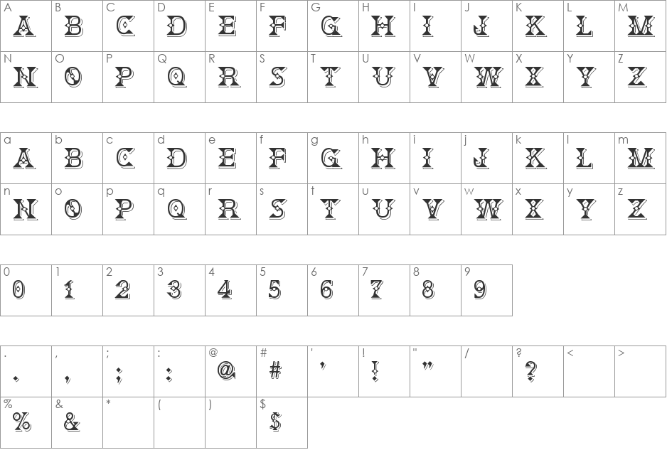 Deborah Fancy Dress font character map preview