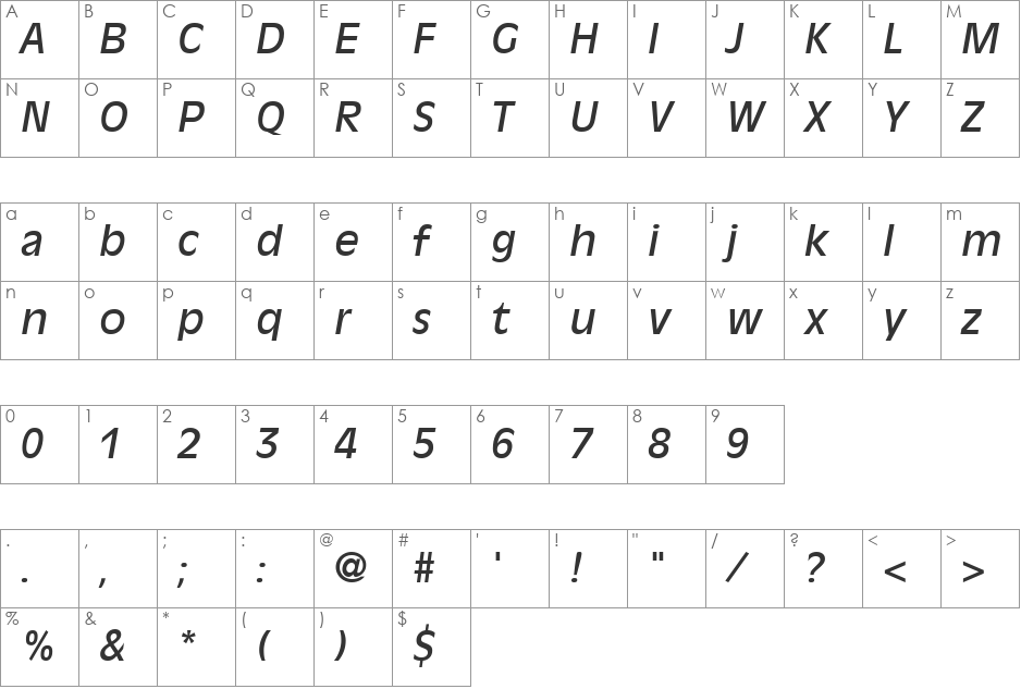 Decade SSi font character map preview