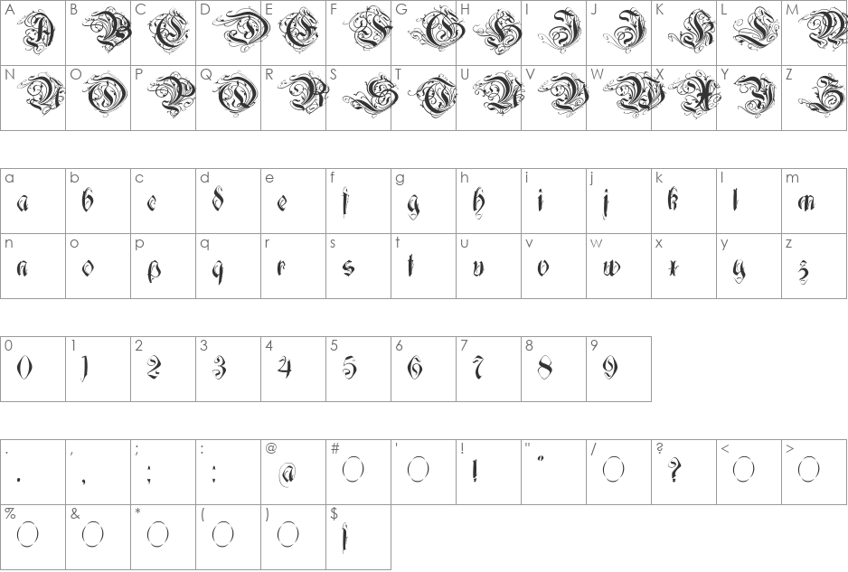 Decadentia font character map preview