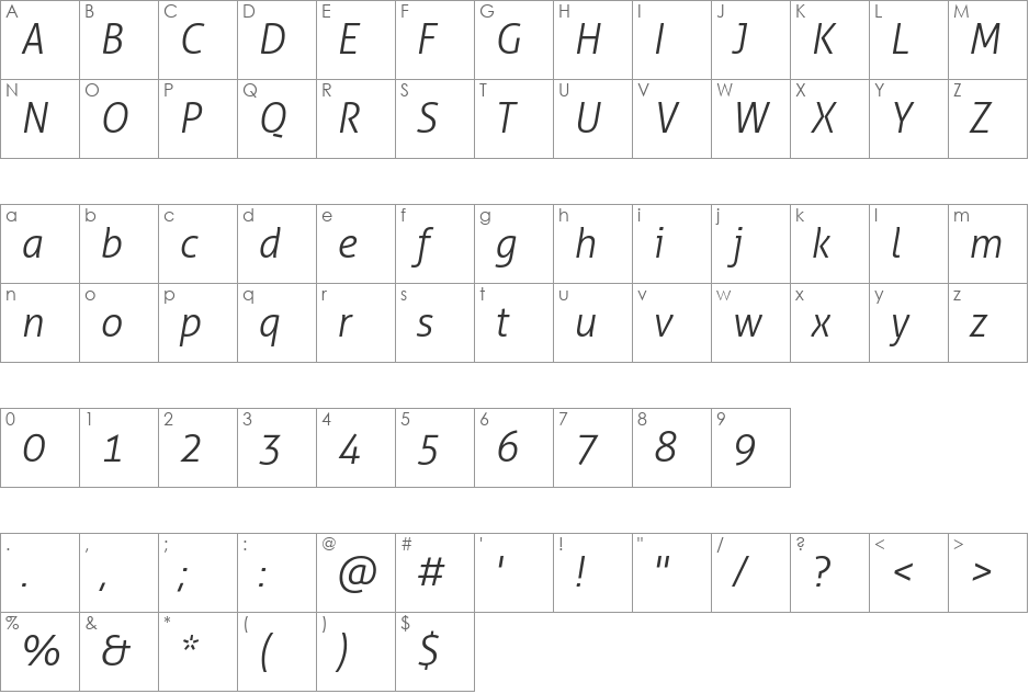 Aller Light font character map preview