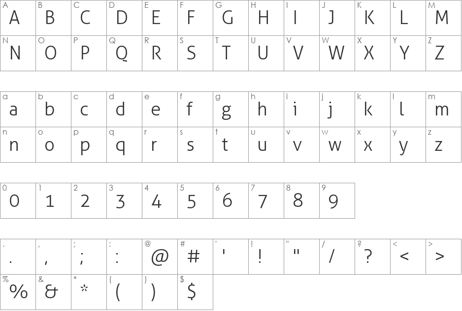 Aller Light font character map preview