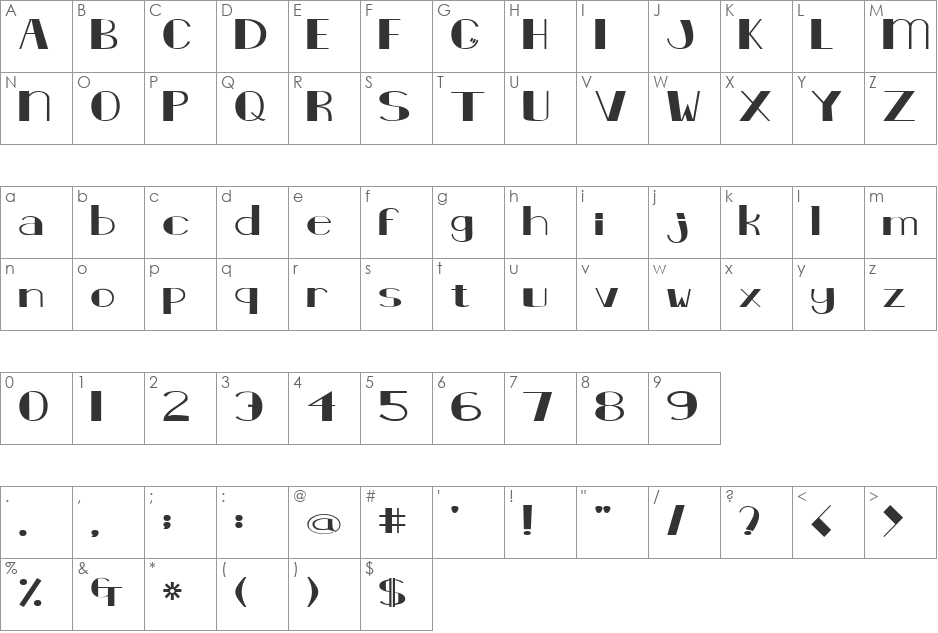 DecoCard font character map preview