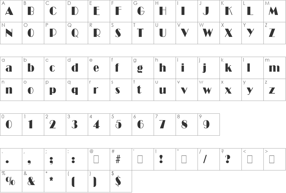 Decollage font character map preview