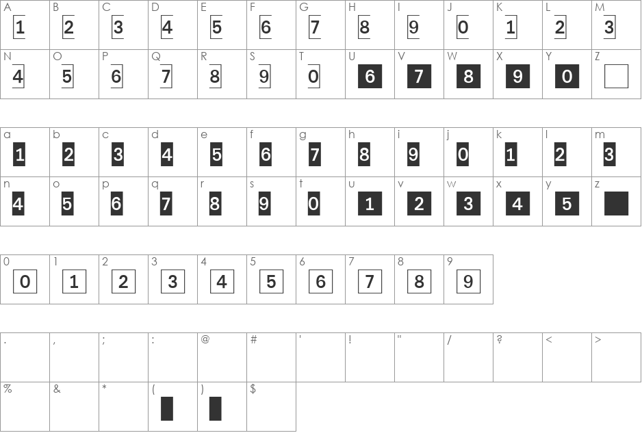 DecoNumbers LH Square font character map preview