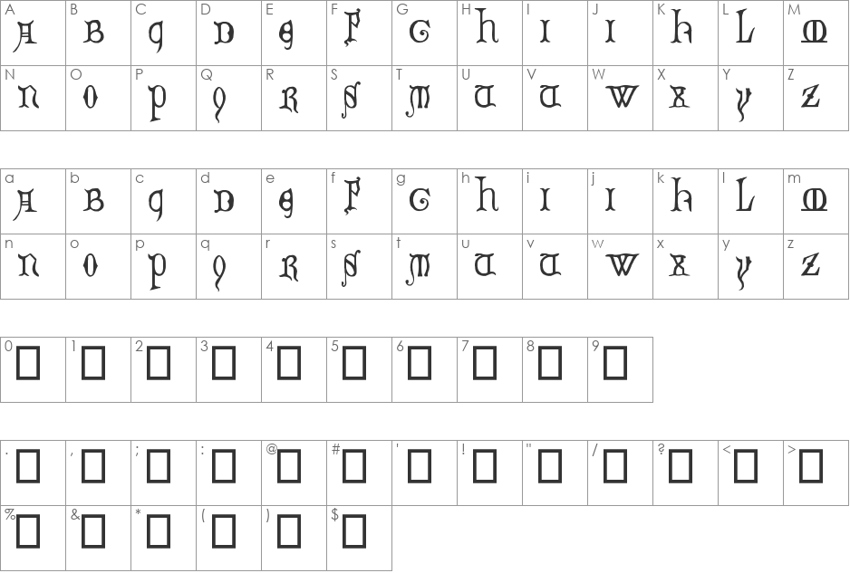 Decorated Majuscules, 14th c. font character map preview