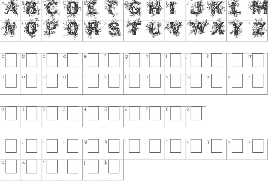 DeepWoodsInitials font character map preview