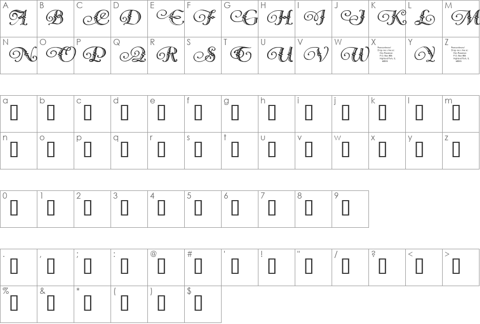 Deerfield font character map preview