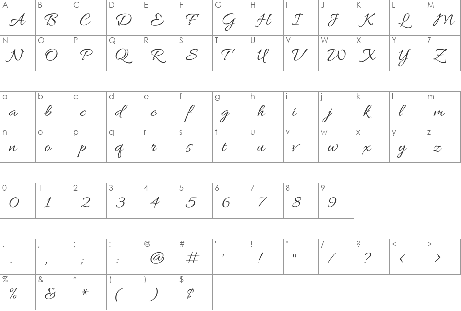 Allura font character map preview
