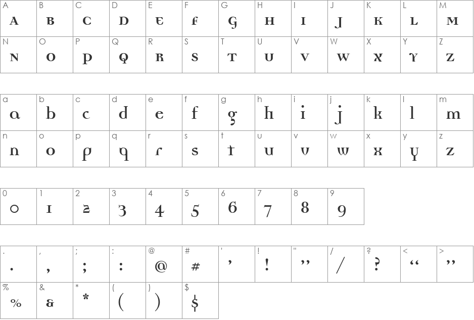 Democratica Bold font character map preview