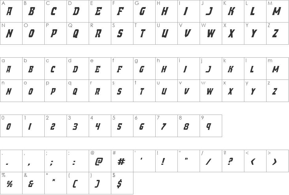 Demon Priest Expanded Italic font character map preview