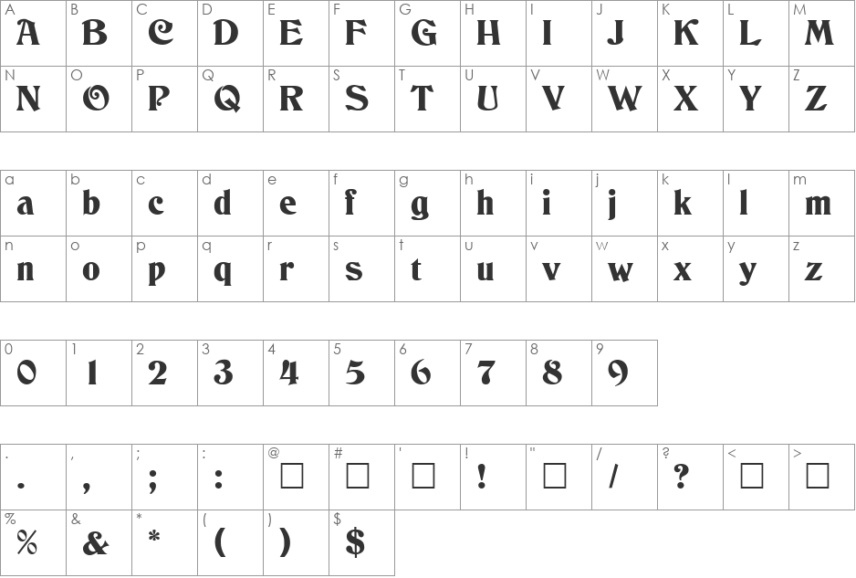 Deneane font character map preview