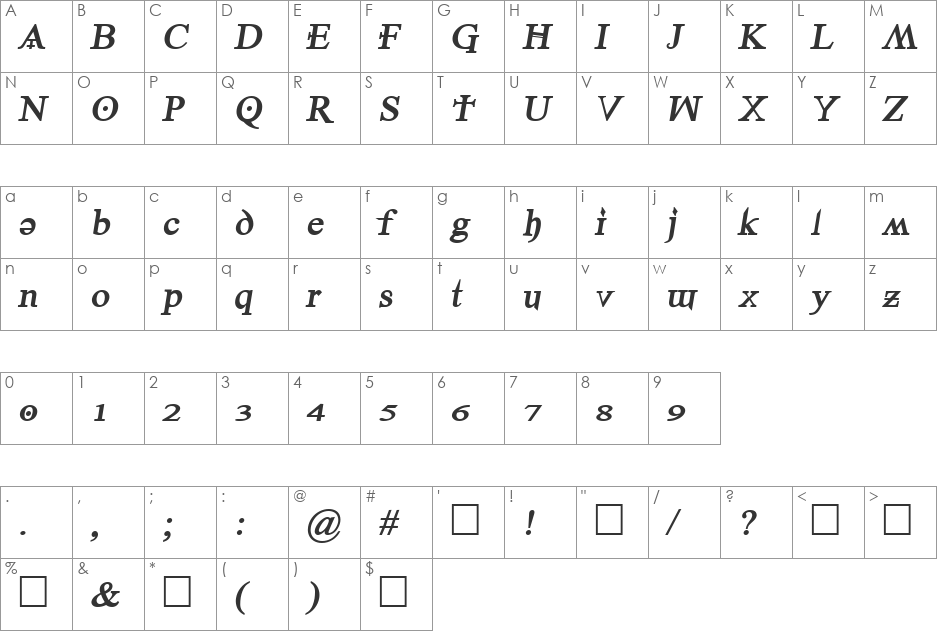 Denial2RegularItalics font character map preview