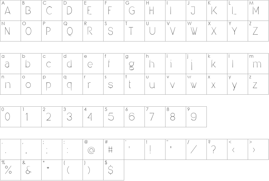 Denigan font character map preview