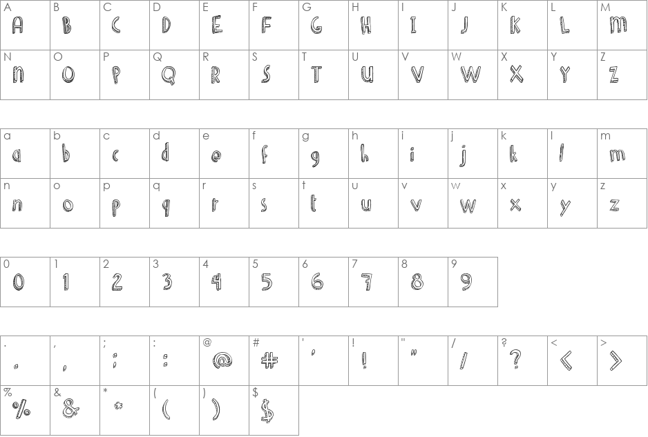 Denne Shuffle Euro Hollow font character map preview