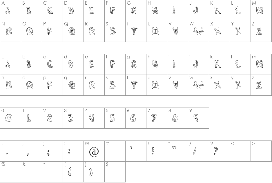 Denne's Aliens font character map preview