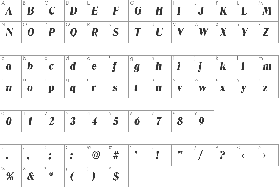 Denver-ExtraBoldIta font character map preview