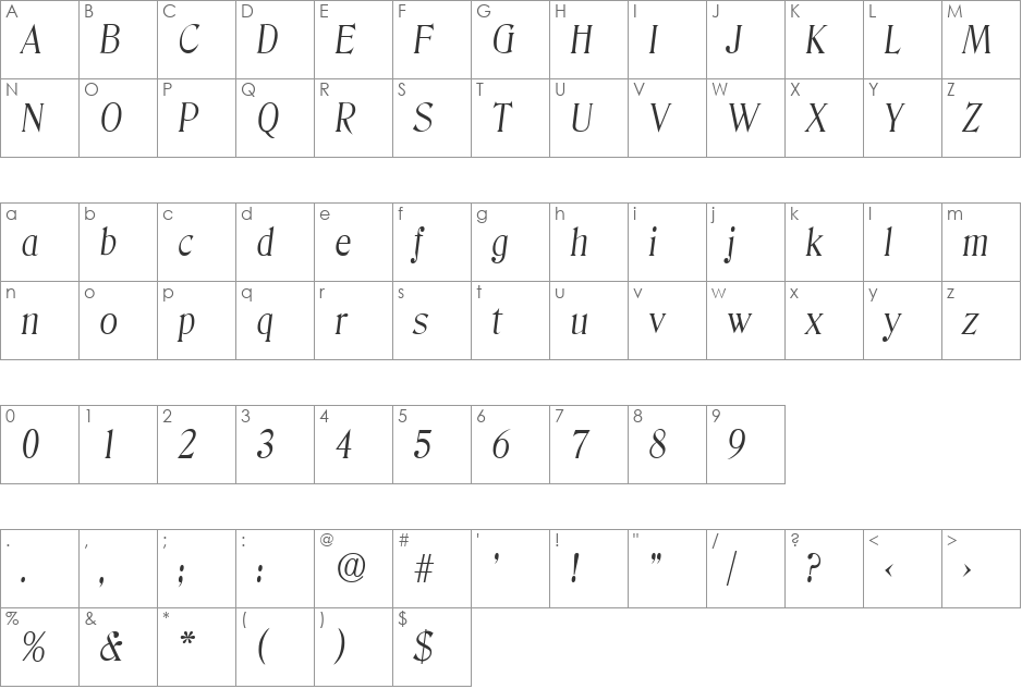 Denver-LightIta font character map preview