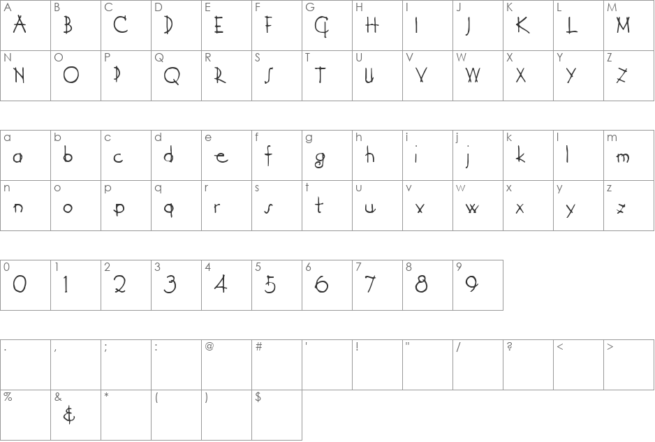 Derelict font character map preview