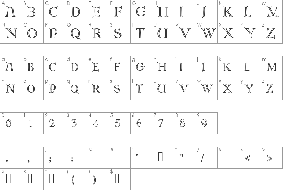 DeRoos font character map preview