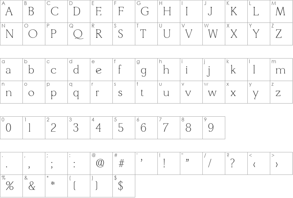 Derringer-Xlight font character map preview