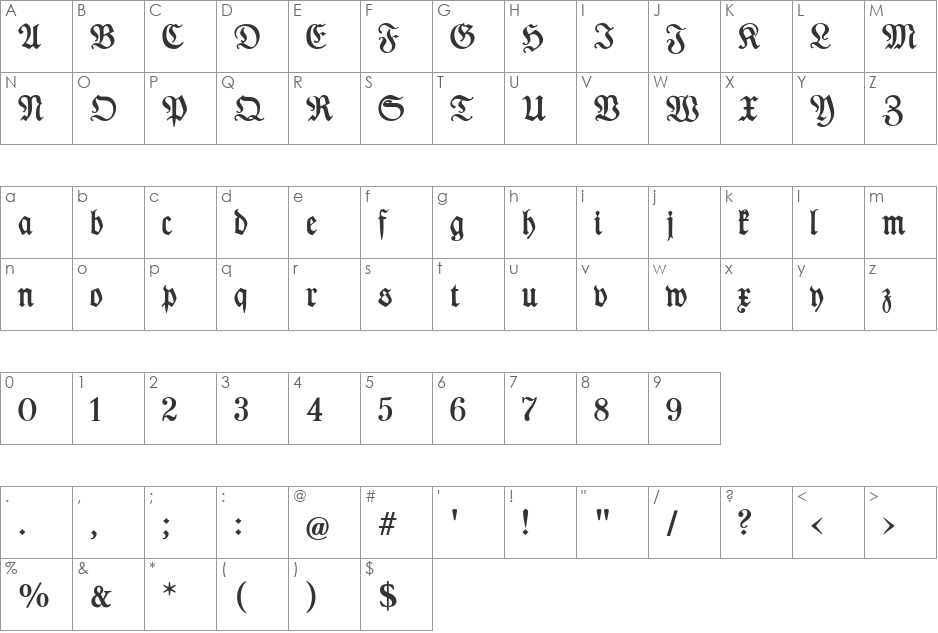 Des Malers Fraktur font character map preview