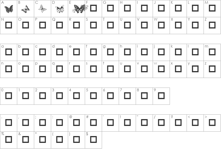 Destiny's Butterfly Dingbats font character map preview