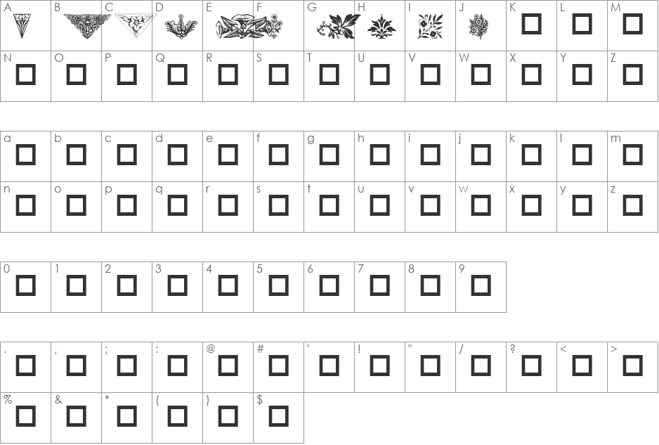 Destiny's Floral Dings font character map preview