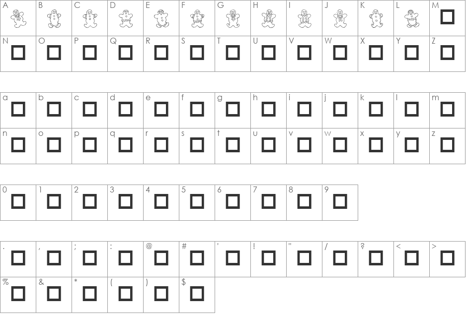 Destiny's Gingerbread Dings font character map preview