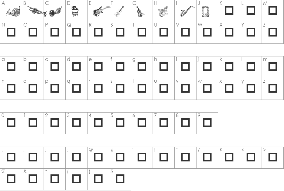Destiny's Music Dings font character map preview