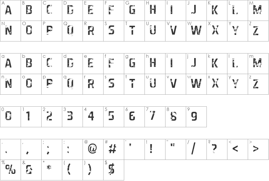 Destroyed Aero font character map preview