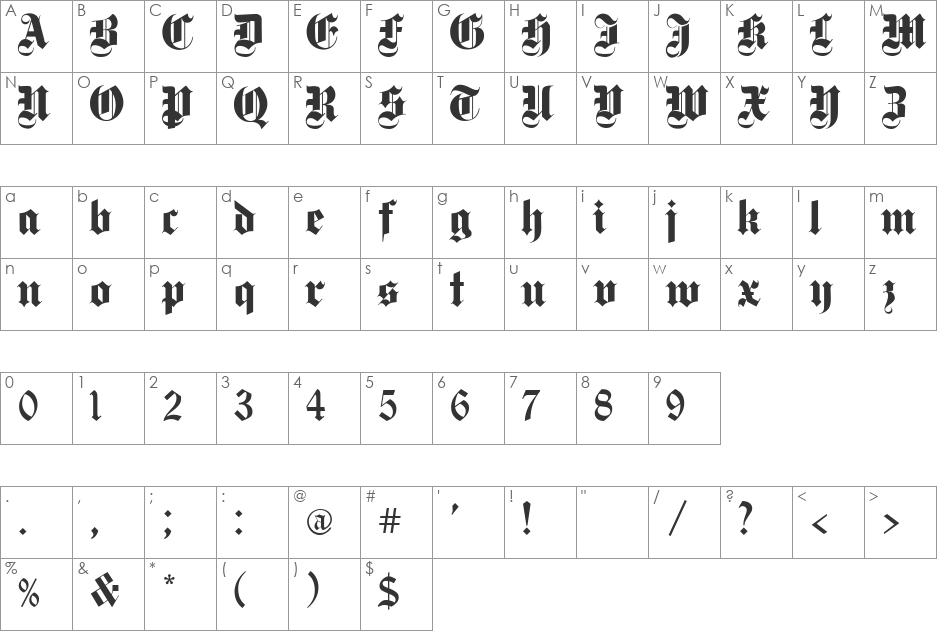 Deutsch Gothic font character map preview